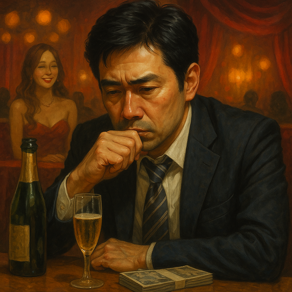自己破産-キャバクラで散財した40代男性のイラスト