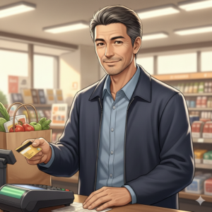 日常的にクレジットカードを使って借金を増やした50代男性のイラスト