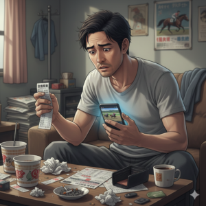 競馬等のギャンブルで借金を背負った30代男性アルバイトのイラスト